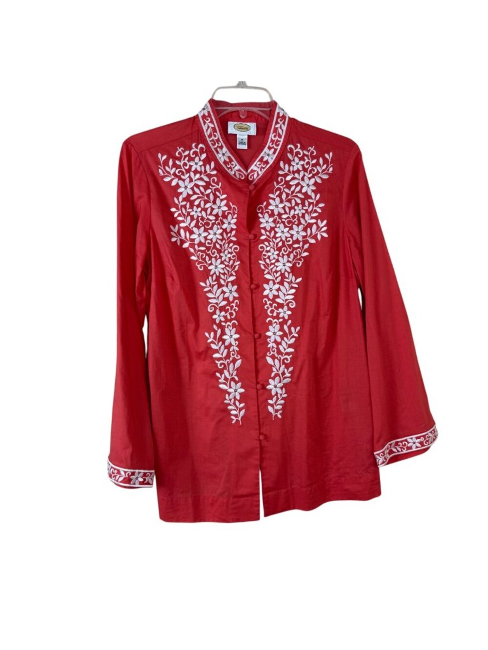 Talbots Blouse Tunic Top Size Med Coral White Embroidery Floral Mandarin Summer